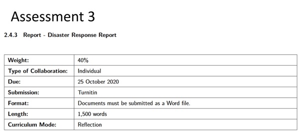 disaster management marking criteria assignment 3