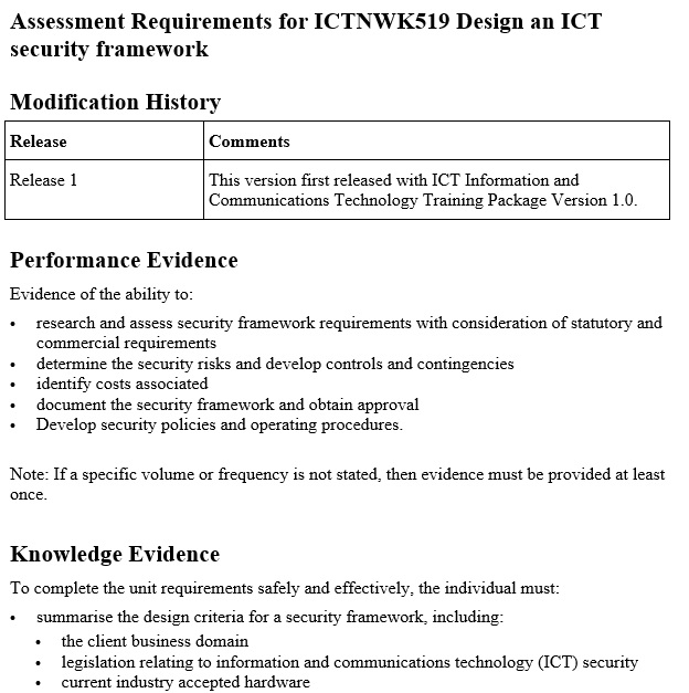 assessment requirements for ICTNWK519 design an ICT security framework